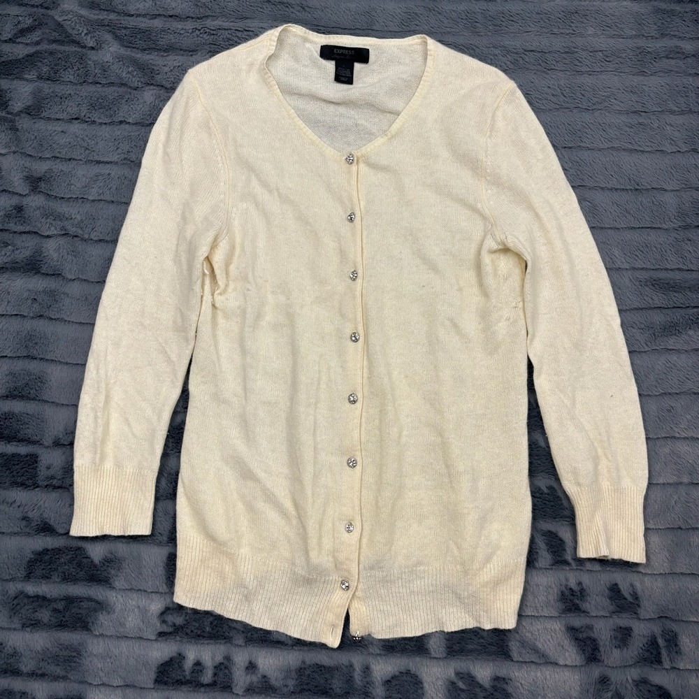 Express Angora Blend Cardigan Cream Ivory Rhinestone Button Sweater Large